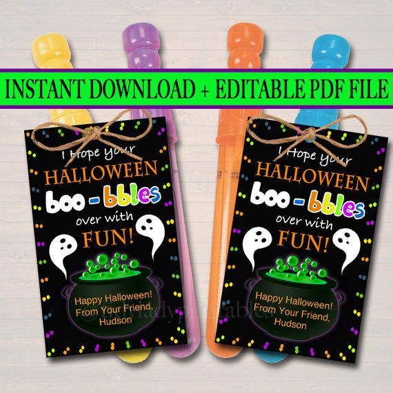 EDITABLE Halloween Bubble Tags, INSTANT DOWNLOAD, Printable Kids Non-Candy Bubbles Gift, Hope Your Halloween Boo-bbles over with Fun Teacher Il_570xn