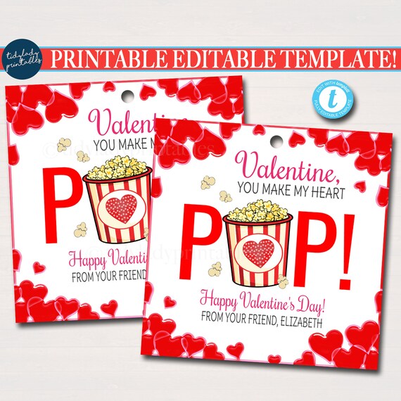 EDITABLE Valentine Popcorn Tags, You make my heart Pop Valentine Gift Tag, Gift Classroom School Teacher Staff Valentine Label DIY Template Il_570xn
