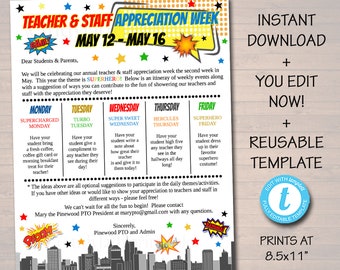 May include: A printable teacher appreciation week schedule with a superhero theme. The schedule includes daily themes like "Supercharged Monday", "Turbo Tuesday", "Super Sweet Wednesday", "Hercules Thursday", and "Superhero Friday". The schedule is designed to be printed at 8.5x11 inches.