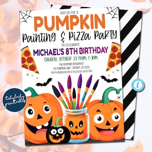 May include: A Halloween-themed birthday party invitation with a pumpkin painting and pizza party theme. The invitation features a cartoon pumpkin with a smiling face and a jar of paintbrushes. The text on the invitation reads "Join us for a Pumpkin Painting & Pizza Party to Celebrate Michael's 8th Birthday, Sunday, October 22 from 1-5pm, The Andrews Residence, 1111 Pumpkin Lane - Denver, CO 22222, RSVP to Amanda via text at 555-555-5555 by Oct 30th."