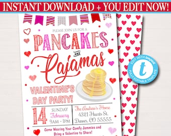 May include: A pink and red printable invitation for a Valentine's Day party. The invitation features a stack of pancakes, hearts, and the text "Pancakes and Pajamas Valentine's Day Party!"  The party is on Sunday, February 14th from 9 AM to 1 PM at The Andrew's Home, 4321 Hearts St., Denver, CO 55555.  The invitation also includes the text "Come Wearing Your Comfy Jammies and Bring a Valentine to Share!" and "RSVP to Sally at: 222.222.2222 by Feb 8."