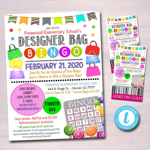 Designer Bag Bingo Night Flyer Ticket Set School Pto Pta Family Womens Fundraiser Event, Community Church Bingo Fundraiser Editable Template