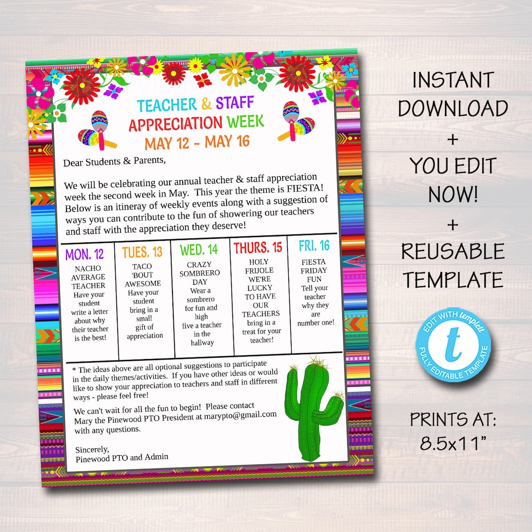 Editable Fiesta Teacher Appreciation Staff Invitation Newsletter ...