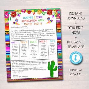 Editable Fiesta Teacher Appreciation Staff Invitation Newsletter, Printable Appreciation Week of Events, Take Home Flyer, INSTANT DOWNLOAD