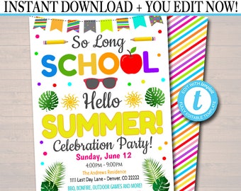 EDITABLE End of School Party Invitation, Back to School Party, Backyard ... EDITABLE End of School Party Invitation, Back to School Party, Backyard ...