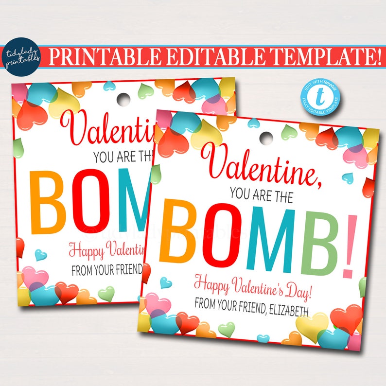 Valentine's Gift Tag, You're the bomb, bath bomb, soap gift, Client Employee Teacher Staff Appreciation Valentine Gift, Editable Template image 1