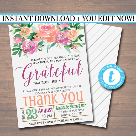 Editable Appreciation Invitation, Grateful For You Teacher Staff Invitation, Flower Floral Printable, Boss Client Thank You INSTANT DOWNLOAD Il_570xn