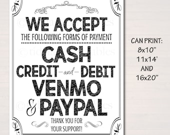 Signe de carte de crédit : nous acceptons les paiements en espèces, de crédit, Venmo, PayPal (imprimable)