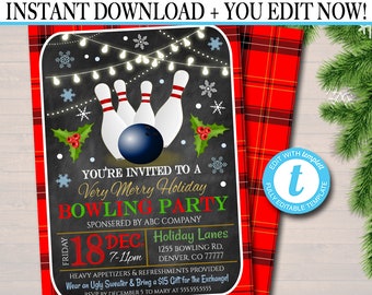 May include: A holiday bowling party invitation with a chalkboard design. The invitation features bowling pins, a bowling ball, snowflakes, and holly. Text includes "Very Merry Holiday Bowling Party" and event details.