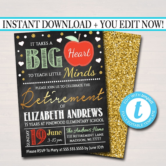 editable teacher retirement invitation chalkboard printable etsy