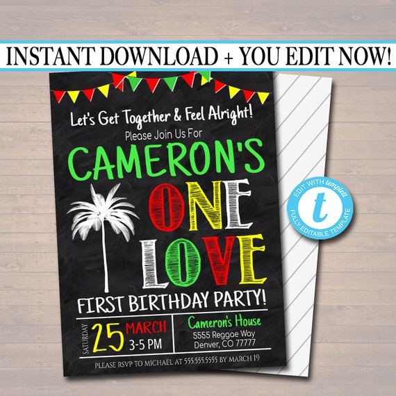 Editable One Love First Birthday Party Invitation Jamaica Etsy