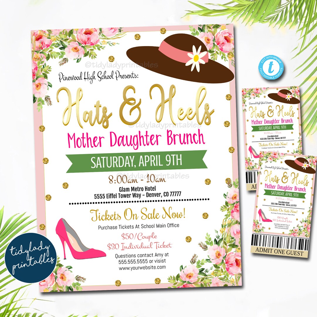 EDITABLE Hats and Heels Mother Daughter Brunch Flyer and Ticket Set