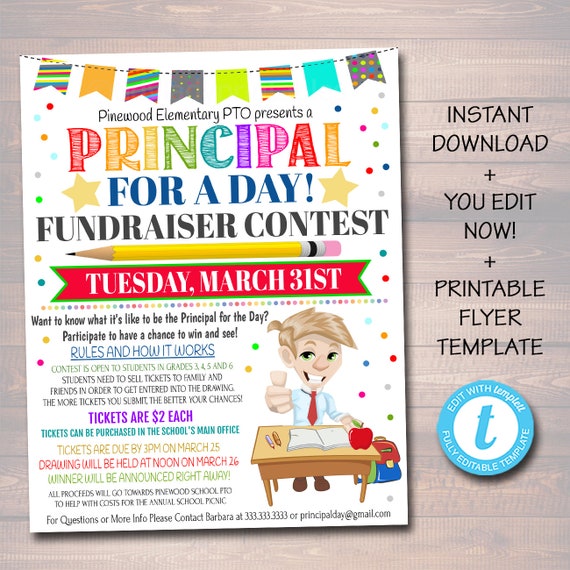 EDITABLE Principal for a Day Contest Fundraiser Flyer, Printable Handout, School Fundraising Event, PTO PTA Event, Instant Download Template Il_570xn