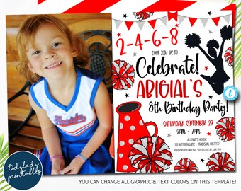 May include: A printable invitation for an 8th birthday party. The invitation features a red and white megaphone, cheerleading pom-poms, and a silhouette of a cheerleader. The text on the invitation reads "2-4-6-8 Come Join Us To Celebrate! Abigial's 8th Birthday Party! Saturday, September 27 2PM - 7PM Allison's House 1111 Autumn Lane - Madison, WI 77777 Please RSVP to May 21 at 555-555-5555 by June 10th You Can Change All Graphic & Text Colors On This Template!"
