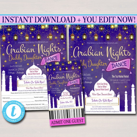 Arabian Nights Daddy Daughter Dance Set, Flyer Invitation Ticket, Moroccan Bollywood  theme, India School pto pta, Church, INSTANT DOWNLOAD by TidyLady  Printables | Catch My Party