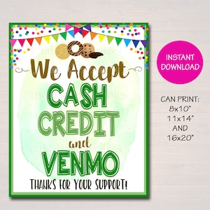 Wij accepteren betalingen ondertekenen contant krediet en Venmo, fondsenwerving booth, bake verkoop cookie booth afdrukbare scouts cookie banner, cookie booth poster