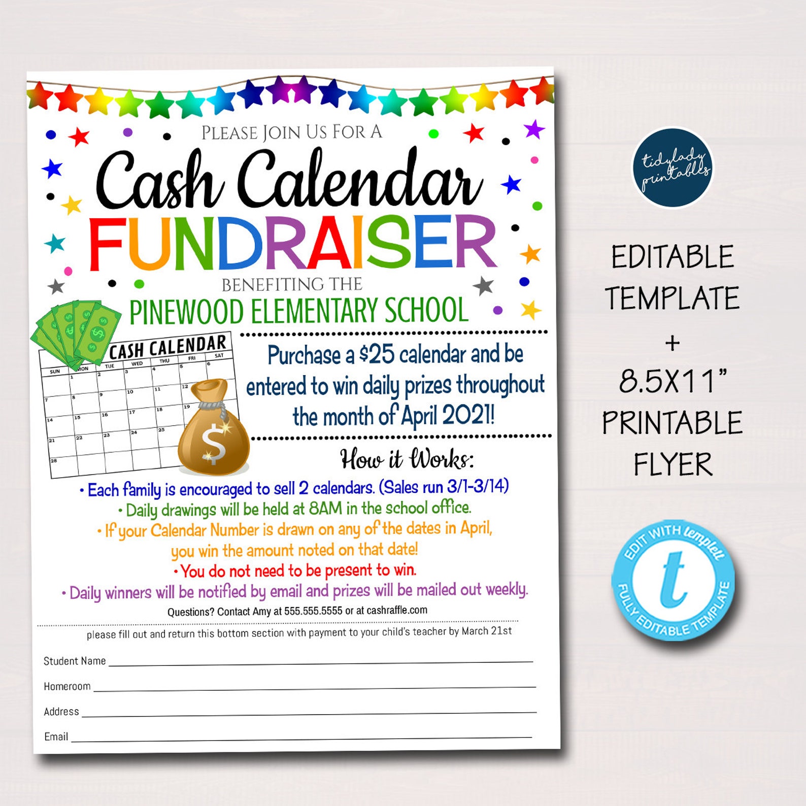 Cash Calendar Fundraiser Flyer Printable Handout Take Home Etsy