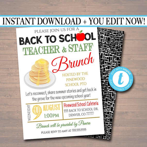 EDITABLE Teacher Staff Brunch, Breakfast Social Printable PTA PTO Flyer Invite School Fundraiser, Back To School Brunch Printable Invitation Il_570xn