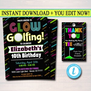 BEWERKBARE Glow golfen verjaardagsuitnodiging, Mini Golf Neon uitnodigen verjaardag digitale uitnodigen Gow in Dark dank u partij Tags INSTANT DOWNLOAD
