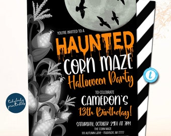 Convite de aniversário de Halloween com labirinto de milho mal-assombrado (modelo editável)