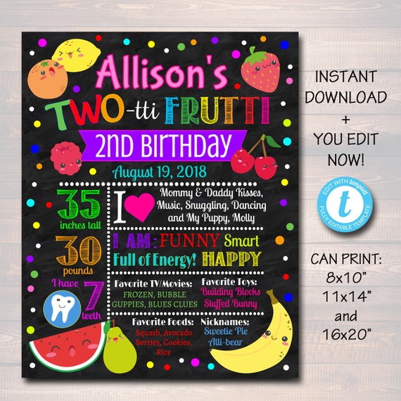 Editable Two Tti Frutti Birthday Chalkboard Poster Girls Toddler 2 Year Old Party Digital Banner Tutti Fruti Summer Party Instant Download By Tidylady Printables Catch My Party