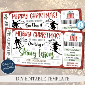 Weihnachtsskikurs Ticket-Gutschein, Coupon druckbare Vorlage, Weihnachtsgeschenk für Downhill-Ski-Liebhaber, Pistenpass Überraschungsidee EDITIERBAR