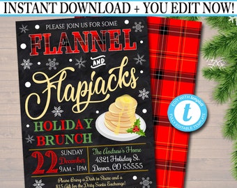 Puede incluir: Un fondo rojo y negro a cuadros con una invitación estilo pizarra para un "Brunch Navideño de Franela y Panqueques" el 22 de diciembre de 9:00 a 1:00 pm en The Andrew's Home, 4321 Holiday St., Denver, CO 55555. La invitación pide a los invitados que traigan un plato para compartir y un regalo de $15 para el intercambio de regalos de Santa Claus travieso. RSVP a Sally al 222.222.2222 antes del 14 de diciembre.