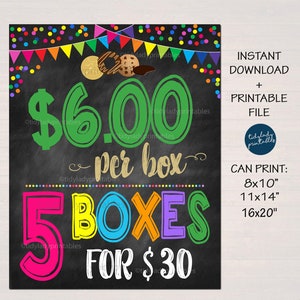 Puede incluir: Un letrero de pizarra con confeti y banderas de colores, anunciando 5 cajas de galletas por 30 €. El letrero dice "6,00 € por caja" y "5 CAJAS POR 30 €". También dice "Descarga instantánea + Archivo imprimible" y "Se puede imprimir: 8x10", 11x14", 16x20".