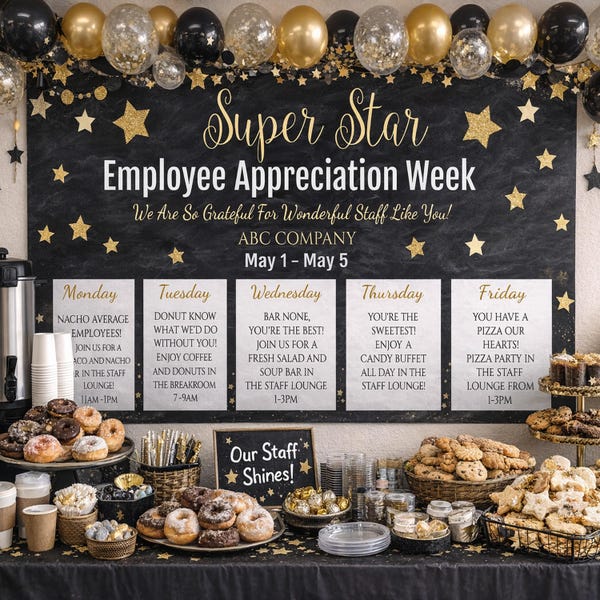 Edytowalny plakat z planem tygodnia doceniania pracowników, Tydzień doceniania pracowników-wolontariuszy, Miesiąc wydarzeń „Dziękuję Ci” (wersja cyfrowa do pobrania)