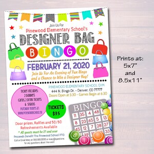 Designer Bag Bingo Night Flyer, Printable School Pto Pta Family Womens Fundraiser Event, Community Church Bingo Fundraiser Editable Template image 2