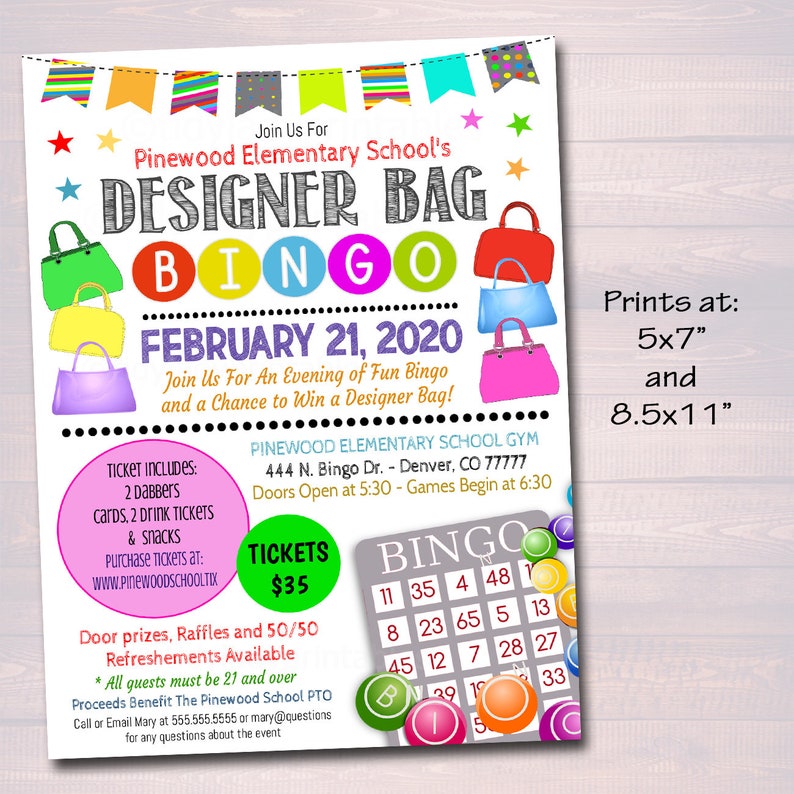 Designer Bag Bingo Night Flyer, Printable School Pto Pta Family Womens Fundraiser Event, Community Church Bingo Fundraiser Editable Template image 2