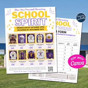 Könnte beinhalten: Werbeflyer für Pinewood Elementary School Spirit Wear mit Artikeln wie T-Shirts, Mützen und einer Tragetasche. Der Flyer zeigt den Text "SCHOOL SPIRIT" zusammen mit Bestellfristen und Lieferterminen.