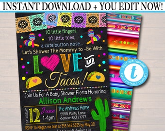 Può includere: Un invito a una festa di baby shower in stile lavagna colorata con un tema di festa messicana. L'invito dice "Love and Tacos!" e include i dettagli per la festa, tra cui la data, l'ora, il luogo e le informazioni RSVP.