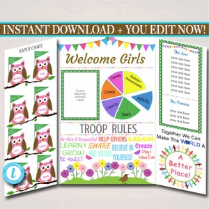 Brownie Kaper Chart & Meeting Display Board INSTANT + EDITABLE Brownie, Troop Leader, Brownie Meetings, Printable Welcome Panel, Owl Design
