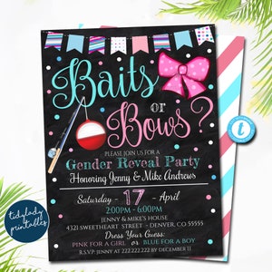Baits or Bows Gender Reveal Invitation, Team Blue or Team Pink, He or She Suprise, Fishing Theme Coed Couples Shower, EDITABLE TEMPLATE