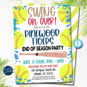 Softball Invitation, End of Season, Swing on Over Editable softball team party, Girl Sports digital Invitation Pool Party Printable TEMPLATE