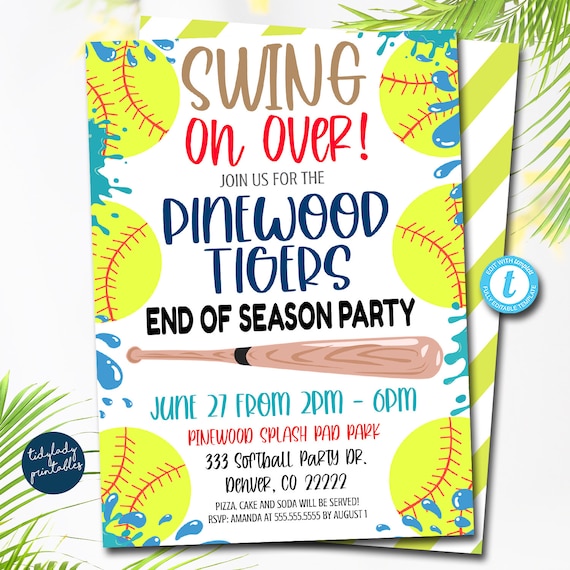 Softball Invitation, End of Season, Swing on Over Editable softball team party, Girl Sports digital Invitation Pool Party Printable TEMPLATE Il_570xn