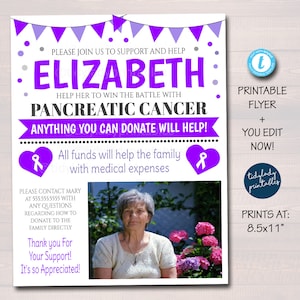 Pancreatic Cancer Benefit Fundraiser Flyer, Printable Purple Charity Church Donations Benefit Event Poster Pancreas Cancer EDITABLE TEMPLATE