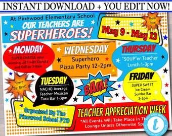 EDITABLE Superhero Teacher Appreciation Week Itinerary Poster, Digital File, Appreciation Week Schedule Events, INSTANT DOWNLOAD Printables