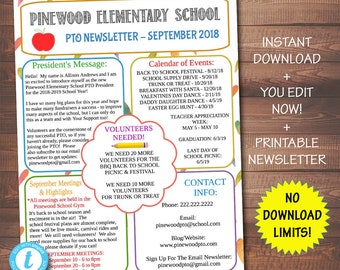 EDITABLE PTO PTA Newsletter Flyer, Printable Handout, School Year Fundraiser Event Volunteer, Meeting Agenda Seasonal Organizer Template