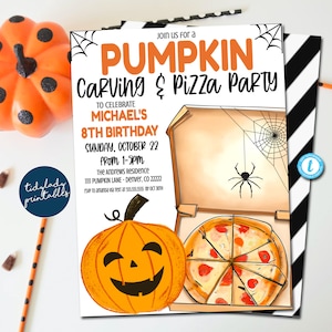 Editable Pumpkin Carving and Pizza Party Invitation, Kids Halloween, Birthday Halloween Party Invite, Pumpkin Party Idea, EDITABLE TEMPLATE