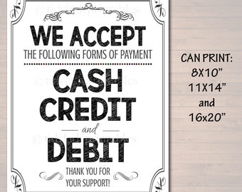 Enseigne imprimable pour carte de crédit : espèces, crédit, débit acceptés (téléchargement numérique)