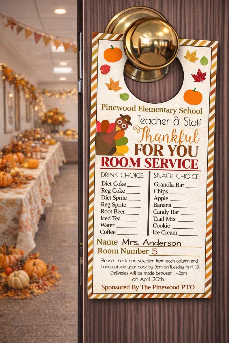 Thanksgiving Staff Appreciation Door Hanger: School Pto Pta Fall Appreciation Thank You Idea Editable Room Service (Digital Download) afbeelding 1