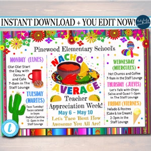 EDITABLE Nacho Average Teacher Appreciation Week Itinerary Poster, Fiesta Theme Appreciation Week Schedule Events INSTANT DOWNLOAD Printable