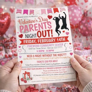Folleto de la Noche de Padres de San Valentín: Evento de recaudación de fondos escolar de febrero (Invitación digital imprimible)