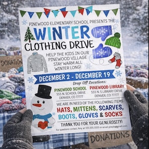 Editable Winter Clothing Drive Flyer: Printable Charity Fundraiser School PTA PTO Template