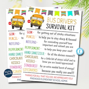 Bus Driver&#39;s Survival Kit Gift Tags, National Bus Driver Appreciation Day, School Staff Thank you Gift Card, Printable DIY Editable Template