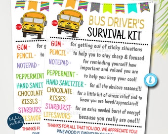 Bus Driver's Survival Kit Gift Tags, National Bus Driver Appreciation Day, School Staff Thank you Gift Card, Printable DIY Editable Template