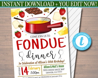 Fondue Dinner Party Invitation, Party Invite, Fondue Restaurant Printable, Birthday Template, Valentines Day Party INSTANT DOWNLOAD Editable