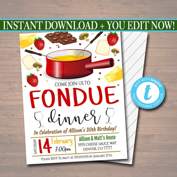 Fondue Dinner Party Invitation, Party Invite, Fondue Restaurant Printable, Birthday Template, Valentines Day Party INSTANT DOWNLOAD Editable